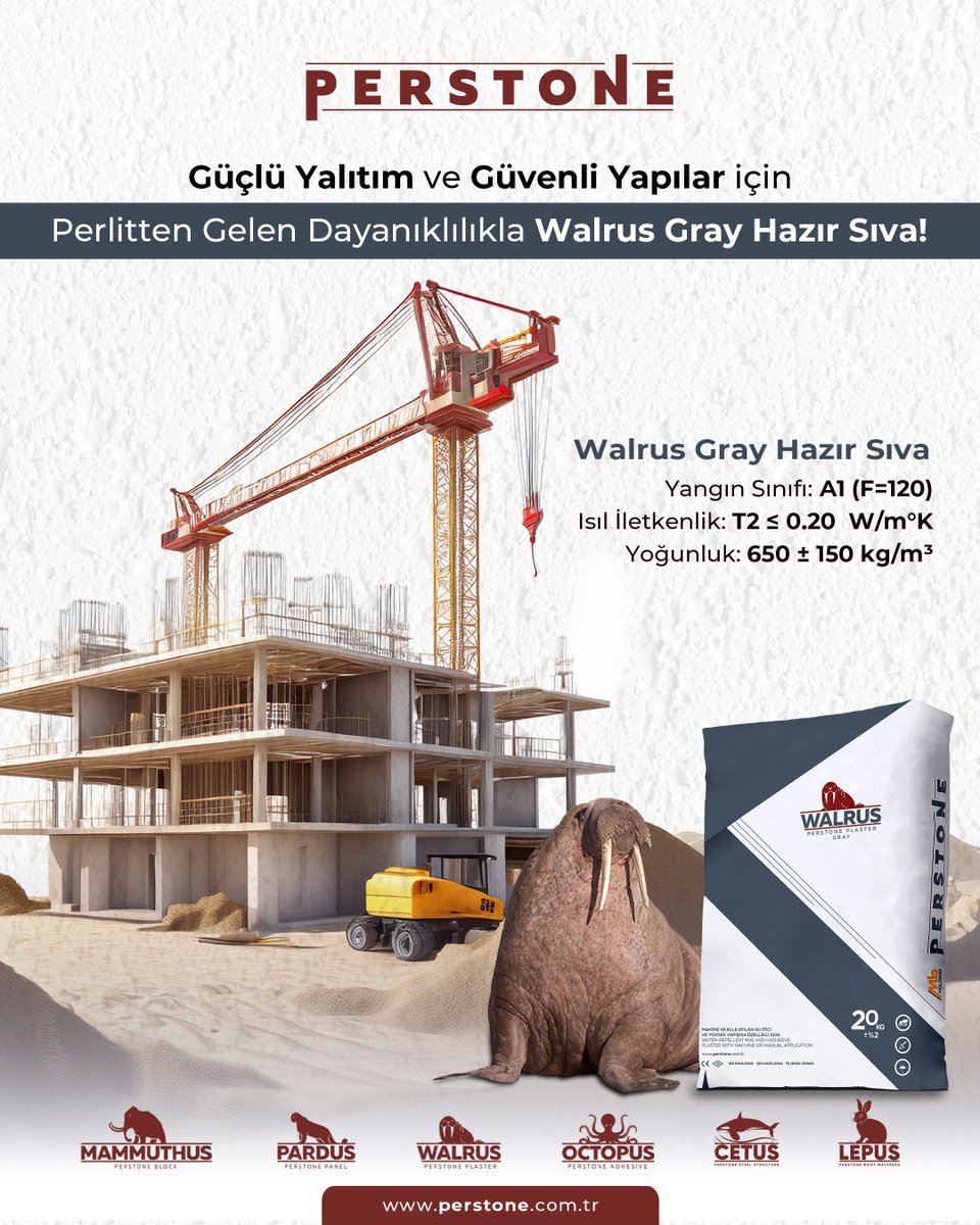 Perlit bazlı Walrus Gray Hazır Sıva ve Ekoper Şap, A1 (F=120) yangın sınıfı, T2 ≤ 0.20 (0.11 W/m°K) düşük ısıl iletkenlik değeri ve 500–800 kg/m³ yoğunluğu sayesinde yüksek düzeyde ısı ve ses yalıtımı sağlar. 

#perstone #inperperlit #yalıtımmalzemesi #yalıtımmalzemeleri