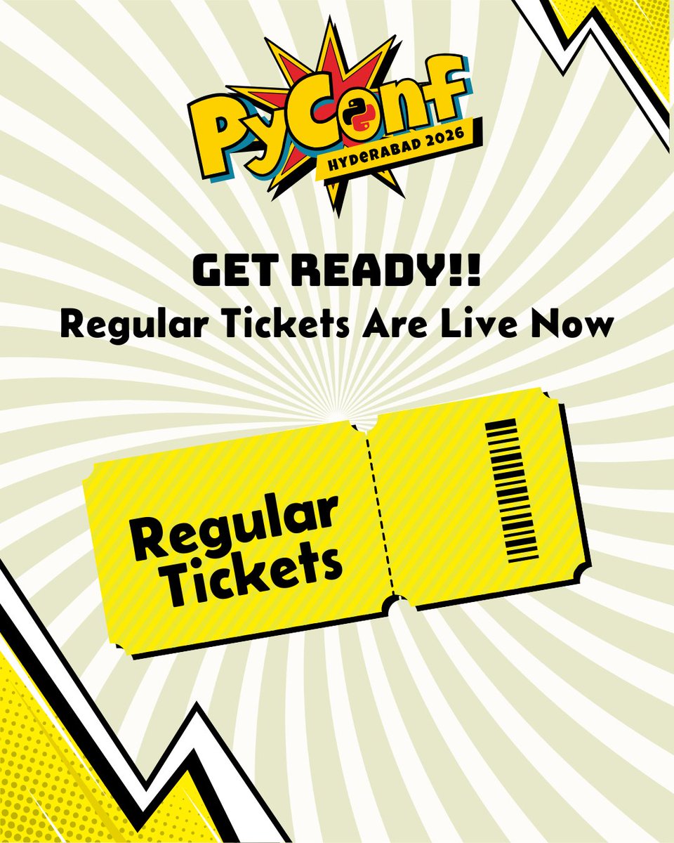 Missed the Early Bird? No worries!
🎟️ Regular Tickets for #PyConfHyd2026 are now LIVE!

🤩 Here’s your chance to join us for an unforgettable Python experience.

Don’t wait, tickets are selling fast. Grab yours before they vanish!

🔗 2026.pyconfhyd.org/tickets