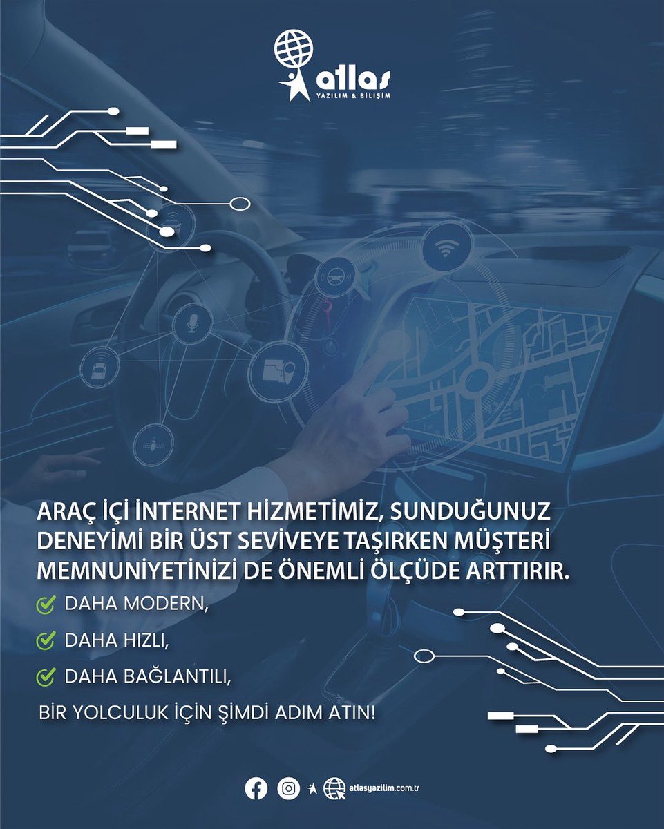 Araç içi internet hizmetimiz, sunduğunuz deneyimi bir üst seviyeye taşırken müşteri memnuniyetinizi de önemli ölçüde artırır. Daha modern, daha hızlı ve daha bağlantılı bir yolculuk için şimdi adım atın!

atlasyazilim.com.tr

#yazılım #araçtakipsistemi #websitesi
