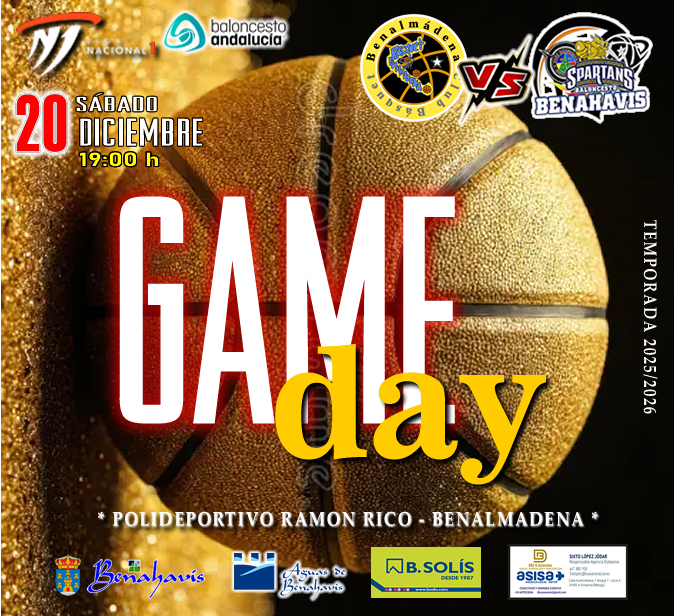 * G A M E D A Y *

🚨⛹🏀 NACIONAL N1 MASC. TEMP. 25/26 J12ª
📅 Sábado 20 de diciembre 2025
⏰ 19:00h
🏟️ Pabellón "Ramón Rico"
* Benalmádena - Málaga *

🏀 CB BENALMADENA
vs CB BENAHAVIS COSTA DEL SOL

#GoSpartans !! 🏀💪👌 
#foreverfamily   🤗