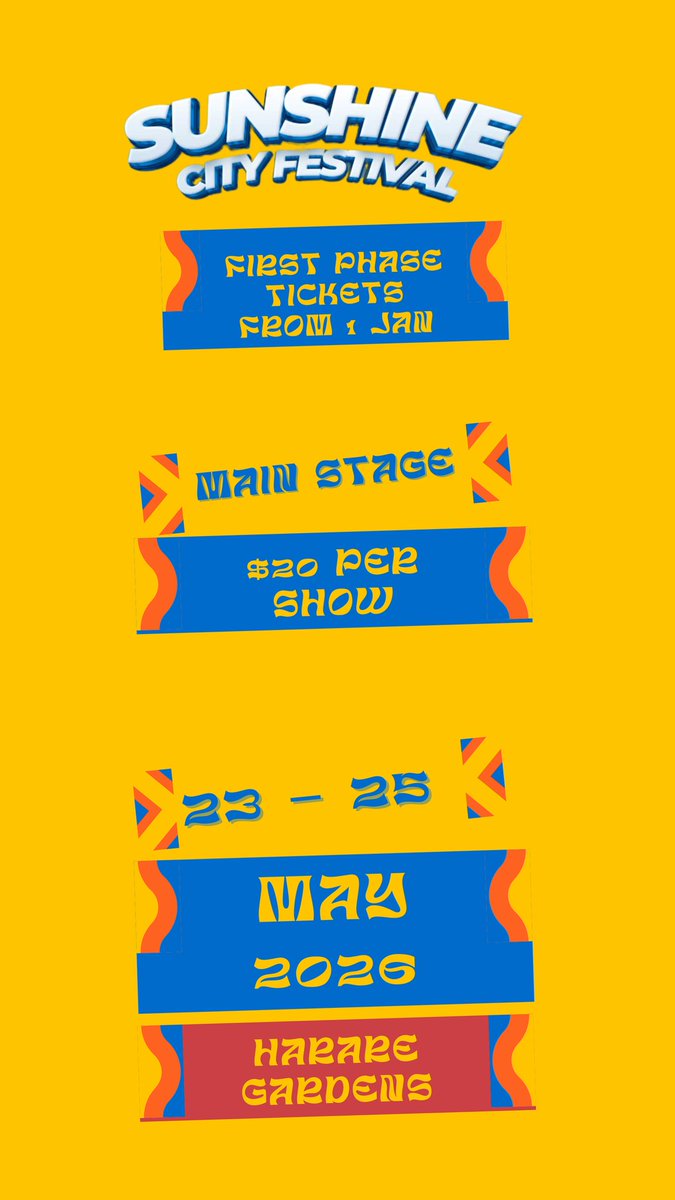 TambaEvents's tweet image. If you knew what was coming you would keep some money safe to buy your first phase tickets.Limited tickets available don't say we didn't warn you 😜.

Sunshine City festival 2026 main stage and chillzone stage tickets infor 👆👆👆.

#sunshinecityfest2026
#VisitHarare