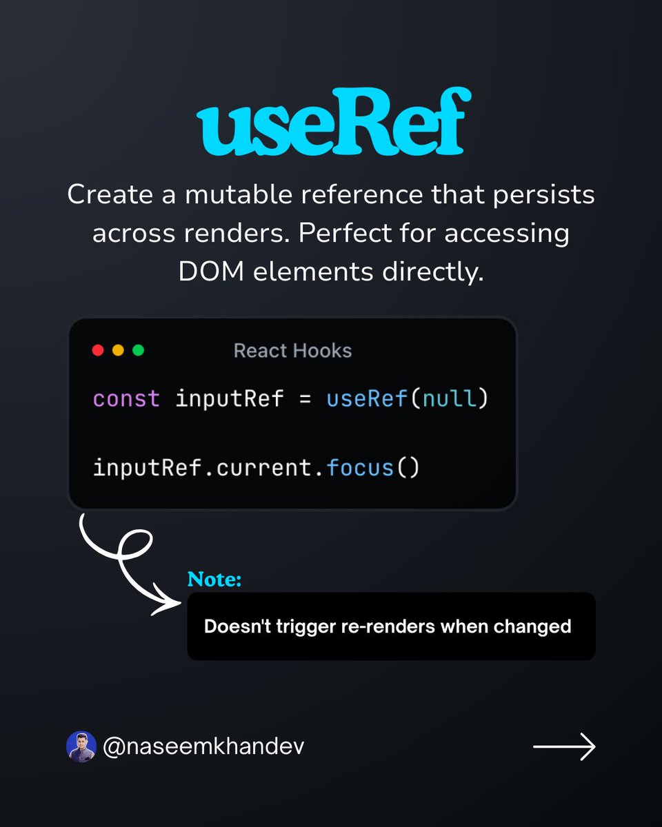 naseemkhandev's tweet photo. useRef gives you access to values that persist without re-rendering ⚡

Perfect for DOM access, storing previous values, timers, or mutable data.

When state causes too many renders, useRef is the quiet solution 🧠

🧵👇 #React #useRef #JavaScript #Frontend #WebDevelopment https://t.co/0PDKgGMRMK