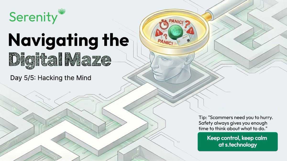 SerenityStech's tweet image. Serenity Security Week: Navigating the Digital Maze [Day 5/5]
Hacking the Mind

Many #scams don’t target your wallet first. They target your emotions. #Fear, #urgency, and pressure are powerful tools. When someone claims your funds are at risk, your account will be closed, or