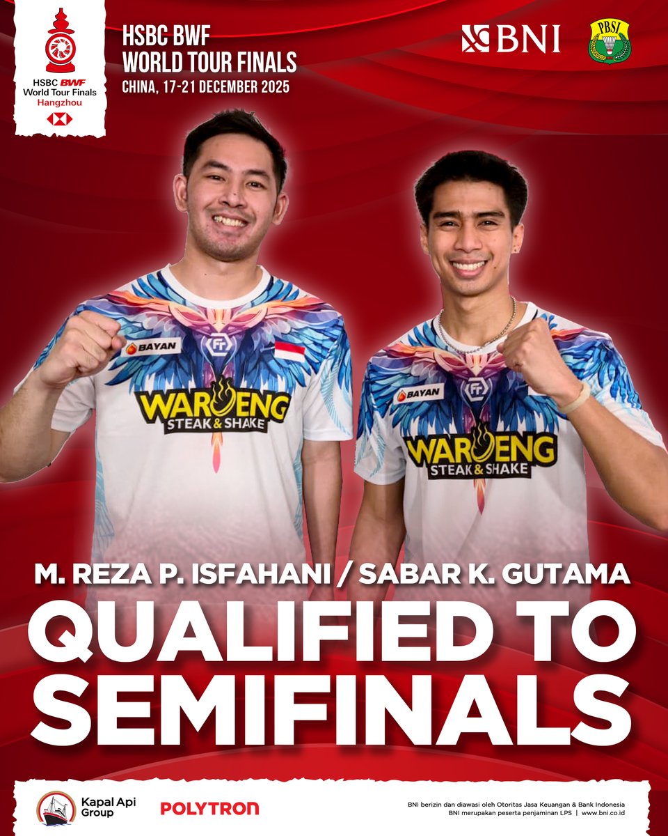 INABadminton's tweet photo. Sabar/Reza akan menjadi wakil Indonesia di babak semifinal BWF World Tour Finals 2025 hari Sabtu (20/12) besok.

Selamat berjuang SabRez, mari berikan yang terbaik! 💪🏻🏸🇮🇩

#BadmintonIndonesia #SEAGames2025 https://t.co/lZ3tEezbXE