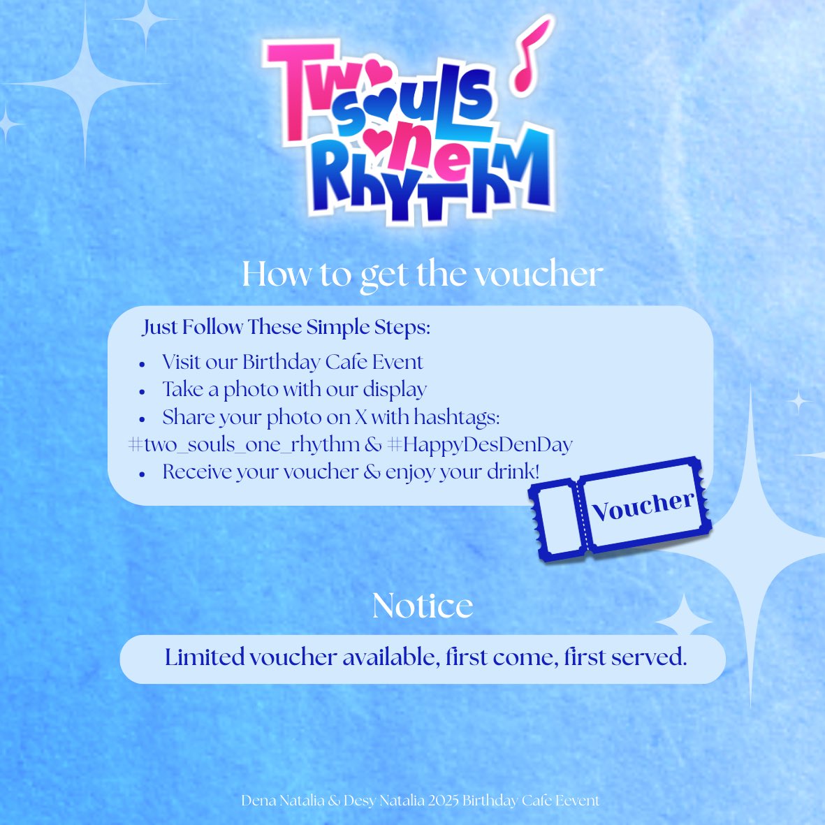 𝐓𝐰𝐨 𝐒𝐨𝐮𝐥𝐬 𝐎𝐧𝐞 𝐑𝐡𝐲𝐭𝐡𝐦 
2025 Mini Exhibition &amp; Birthday Cafe Event✨

📍 Common Grounds, 2nd Floor, fX Sudirman 
🗓 Monday, 22nd December 2025

More details on pict⤵️

See you there! 🩷💙

#two_souls_one_rhythm 
#HappyDesDenDay 

<a href="/Danella_JKT48/">Dena Natalia</a> <a href="/Daisy_JKT48/">Desy Natalia</a>