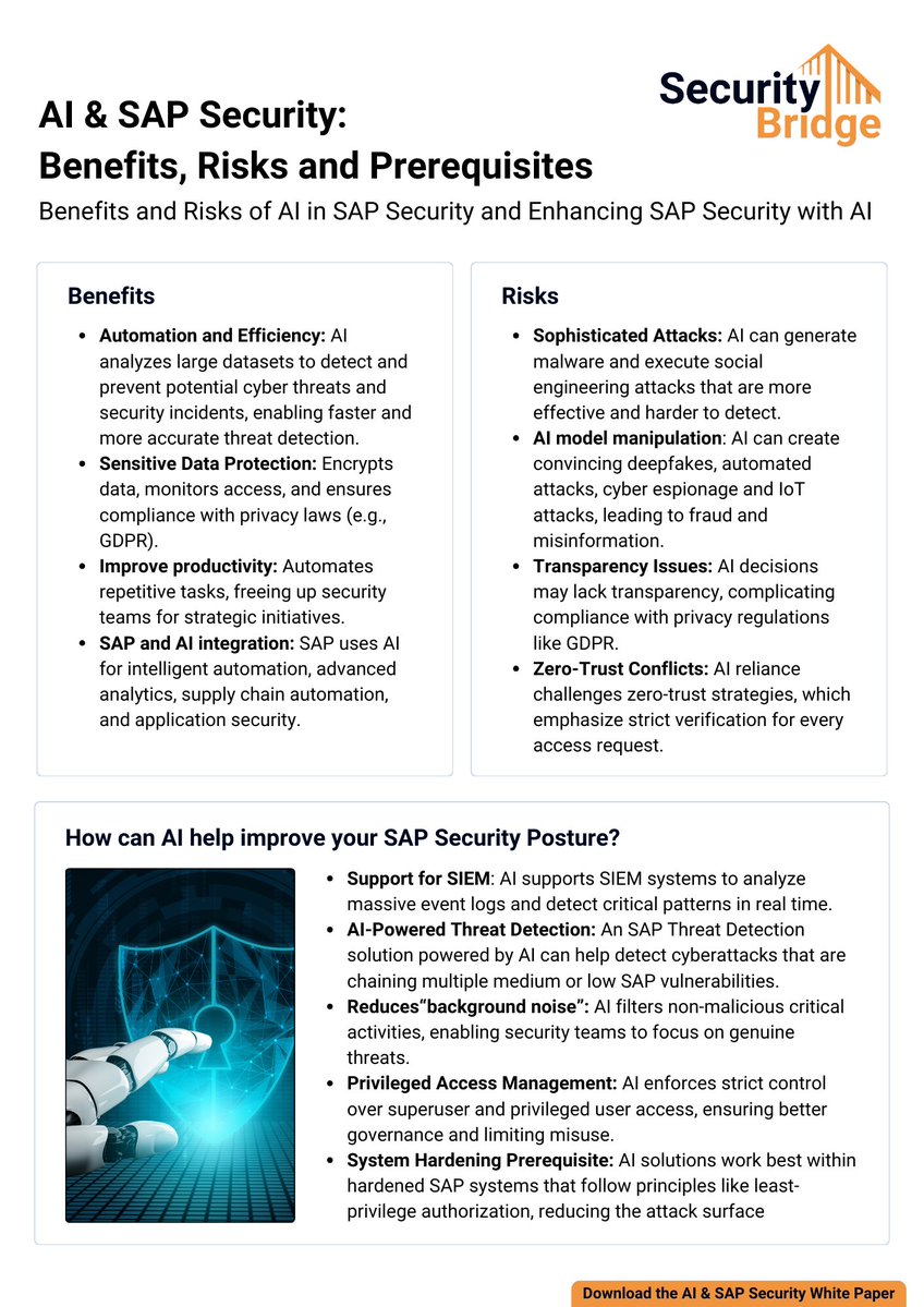 _securitybridge's tweet image. 🛡️ How can AI improve your SAP Security Posture? 

Download the full white paper to learn more about the benefits, risks, and actionable steps for integrating AI into the SAP security landscape.

📥 securitybridge.com/assets/ai-sap-…