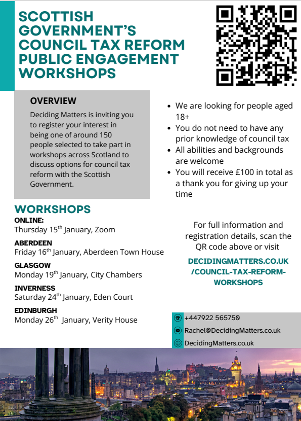 'The Future of Council Tax in Scotland' consultation has launched. 

People are being invited to register their interest in being one of around 150 selected to take part in workshops to discuss options for council tax reform.

Deadline 2nd Jan 2026: ow.ly/uo0350XIa3b