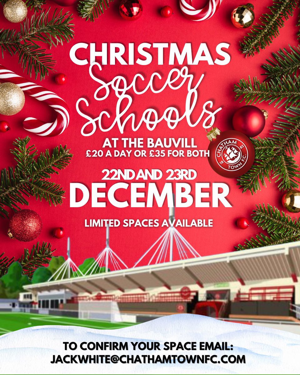 ChatsCommunity's tweet image. 𝙓𝙈𝘼𝙎 𝙎𝙊𝘾𝘾𝙀𝙍 𝙎𝘾𝙃𝙊𝙊𝙇 ☃️

Join us on Monday 22nd and Tuesday 23rd December for some festive entertainment! ⚽️

🤝 £20 a day or £35 for both
🎁 Ages 6-12 

To sign up, you must email:
jackwhite@chathamtownfc.com

🔴⚪️⚫️ #UpTheChats