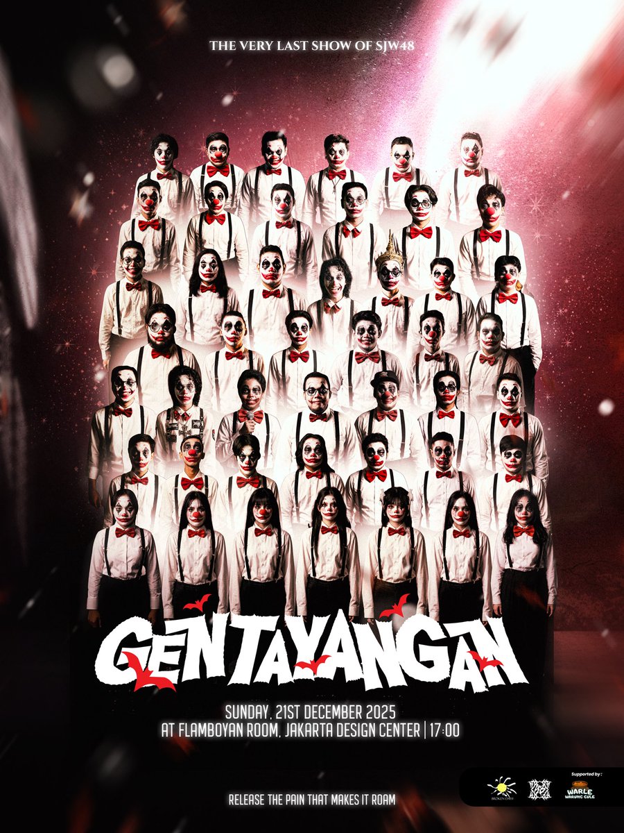 The Very Last Show of SJW48

𝐆𝐄𝐍𝐓𝐀𝐘𝐀𝐍𝐆𝐀𝐍
'𝘙𝘦𝘭𝘦𝘢𝘴𝘦 𝘛𝘩𝘦 𝘗𝘢𝘪𝘯 𝘛𝘩𝘢𝘵 𝘔𝘢𝘬𝘦𝘴 𝘪𝘵 𝘙𝘰𝘢𝘮'

December 21st, 2025
Flamboyan Room, Jakarta Design Center
17:00

(Invitation Only)
#SJW48Gentayangan