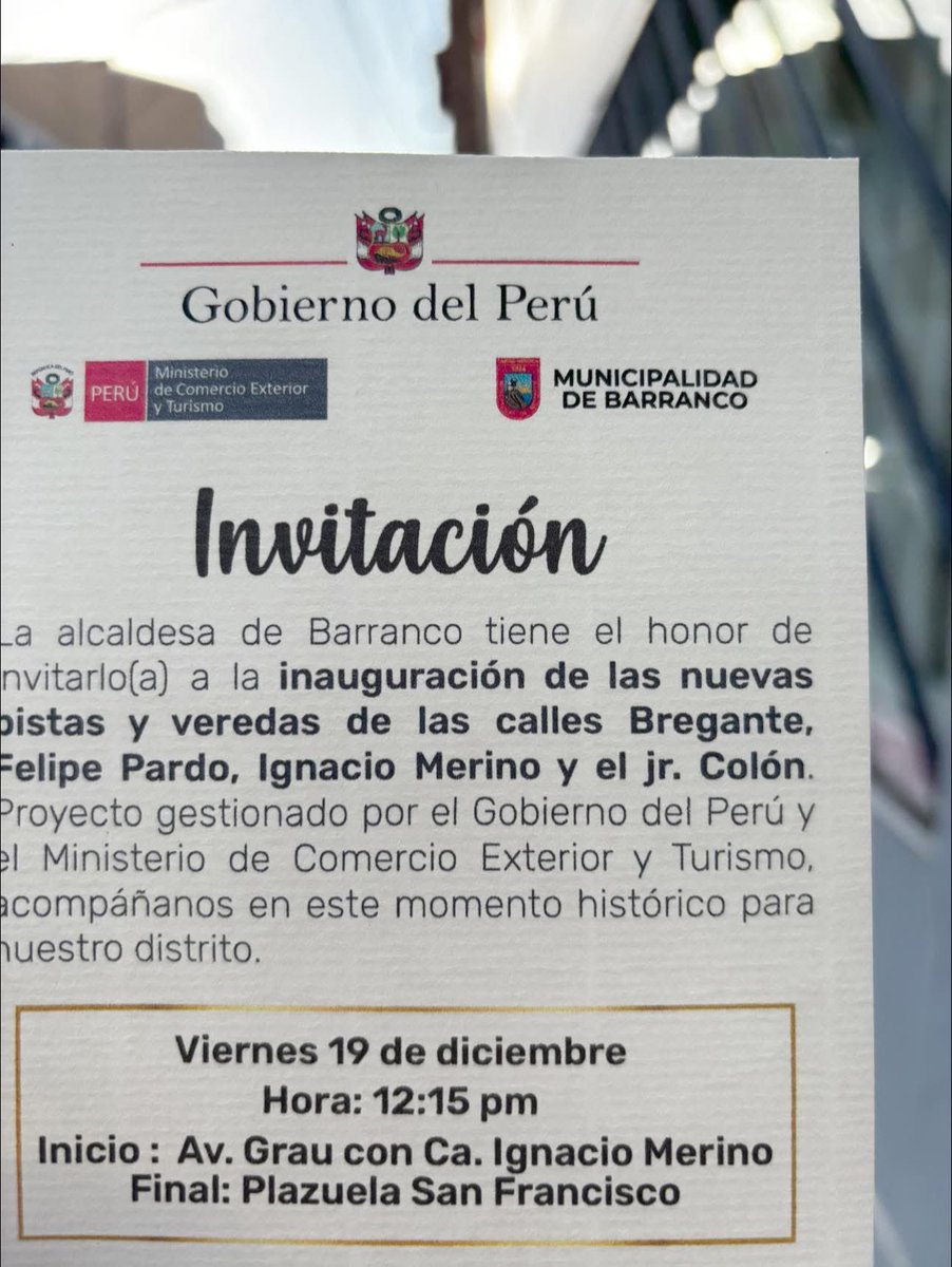 Hoy es un gran día 
Vecinos, acompáñennos que, junto a la titular del <a href="/MINCETUR/">MINCETUR 🇵🇪</a> a partir de este medio día,inauguraremos el Corredor Turístico Bregante, Colón, Merino y Felipe Pardo que incluyen nuevas pistas, veredas... y muy pronto cámaras de seguridad inteligentes.