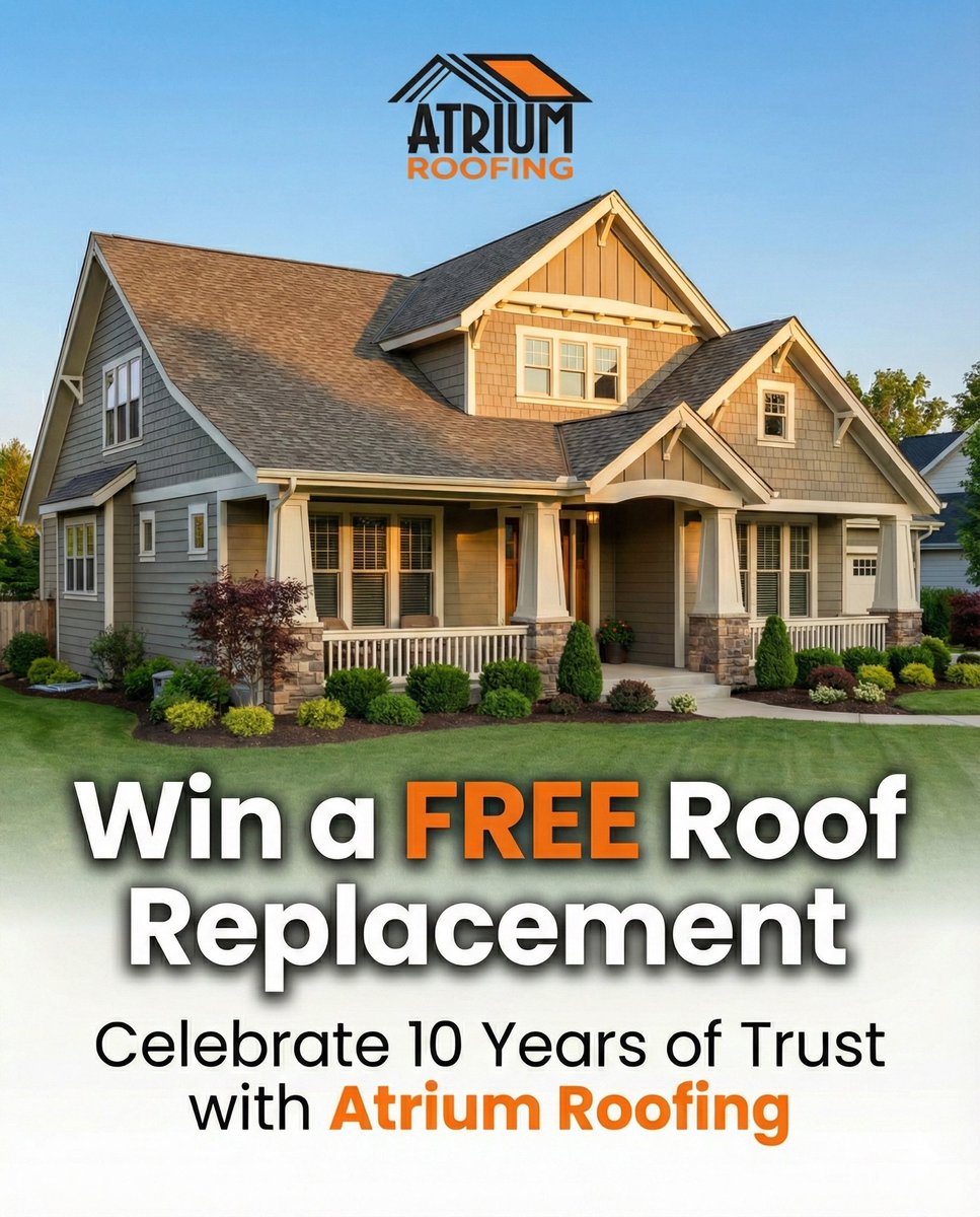 atriumroofing's tweet photo. 🤩 WIN a FREE Roof Replacement in 2026 + Valued up to $15,000 + No purchase required. 

Atrium Roofing is celebrating 10 years of serving Texas homeowners! 🎉

Pre‑entries are open now. Official rules will be published in January 2026.

Enter here: https://t.co/GVhz07LFr0 https://t.co/sUsFPwJzxL