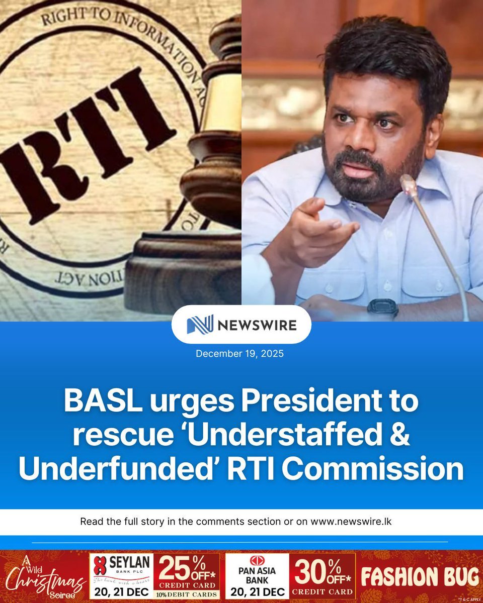 NewsWireLK's tweet photo. The Bar Association of Sri Lanka (BASL) has written to President Anura Kumara Dissanayake raising concerns over the functioning and independence of the Right to Information Commission, citing serious understaffing, inadequate funding and proposed legal changes that could weaken citizens’ constitutional rights.
