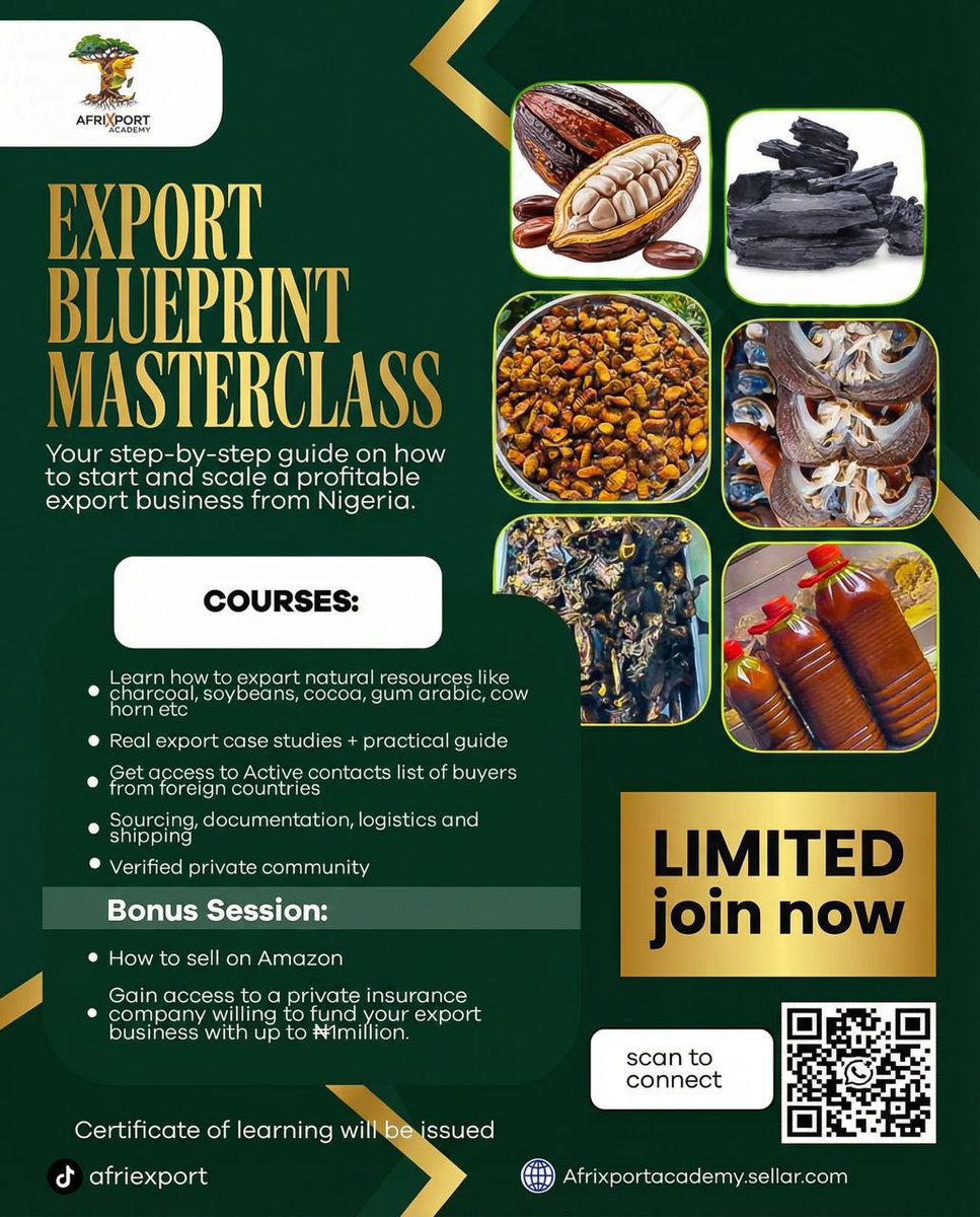 Official_Kasa's tweet photo. @Emmanuel_Tips Africa has products the world is buying in dollars.

Charcoal. Cocoa. Shea butter. Gum arabic.

I created a simple step by step guide Export Blueprint for beginners.

Join the free export group 👉 https://t.co/xRk7EeW7DB https://t.co/xROEBdkVse