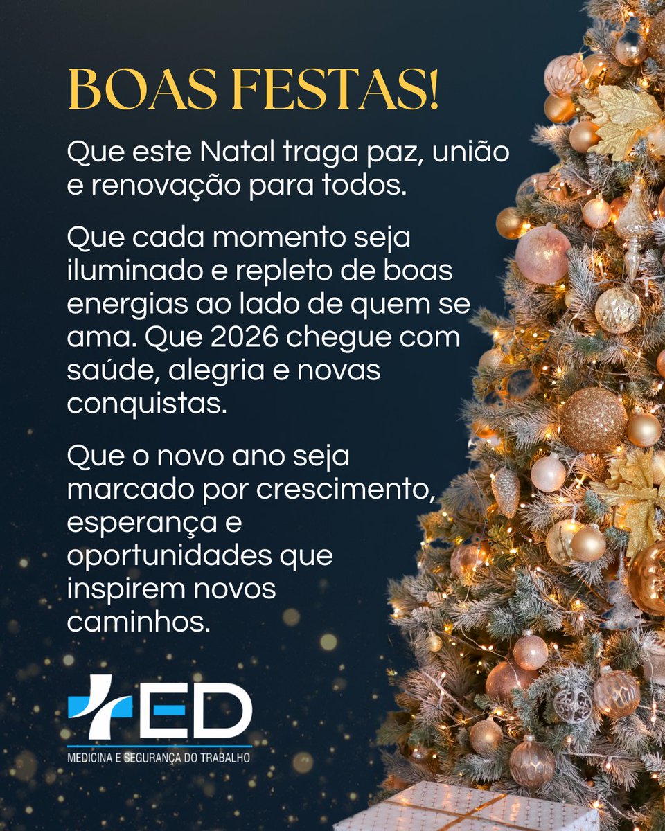 EdSeguranca's tweet photo. Boas Festas! 🎄🎆

Estaremos em recesso a partir de 23/12/2025, com retorno em 02/01/2026.
Durante esse período, todas as atividades estarão suspensas, incluindo o atendimento médico.

- Equipe ED

#boasfestas #natal2025 #anonovochegando #recessodefimdeano #recesso https://t.co/OIIjSGNkYk