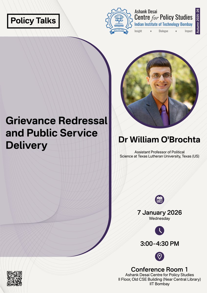 🎙️Policy Talk
Title: Grievance Redressal and Public Service Delivery

Speaker: Dr William O'Brochta
🗓️07 January 2026, 3:00 PM–4:30 PM
📍Conference Room 1, ADCPS