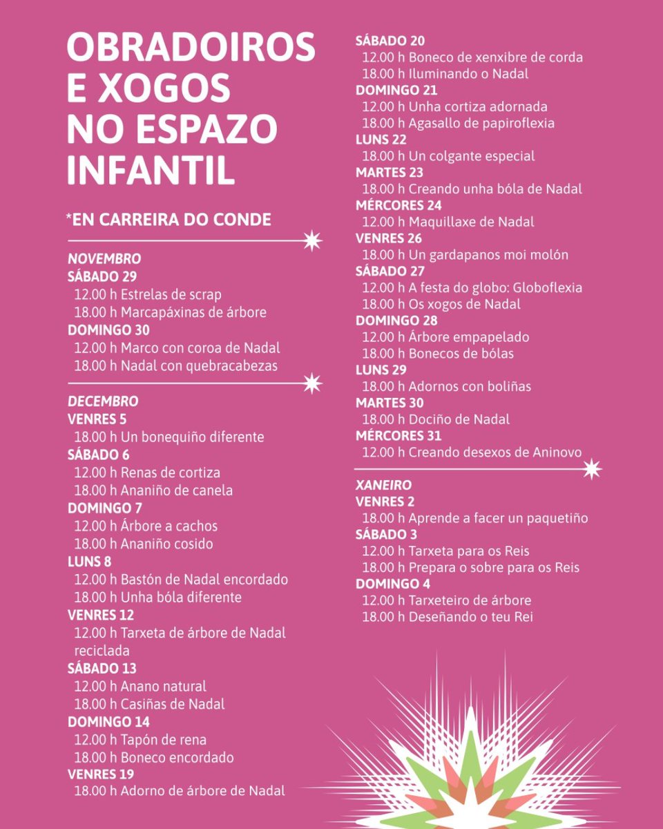 📅🎄A próxima semana multiplicamos os obradoiros infantís do Mercado de Nadal de Santiago.👦👧 A partir de mañá poderase gozar coas seguintes actividades en Carreira do Conde 👇