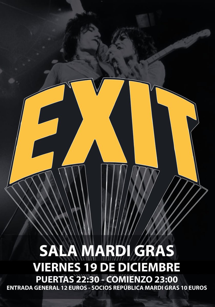 Último concierto del 2025 de <a href="/Exit_Rocks/">Exit</a> en la <a href="/SalaMardiGras/">Sala MardiGrasCoruña</a>!

Apertura 22:30h
Inicio 23:00h

Entrada 12€
Socios 10€

#acoruña #coruña