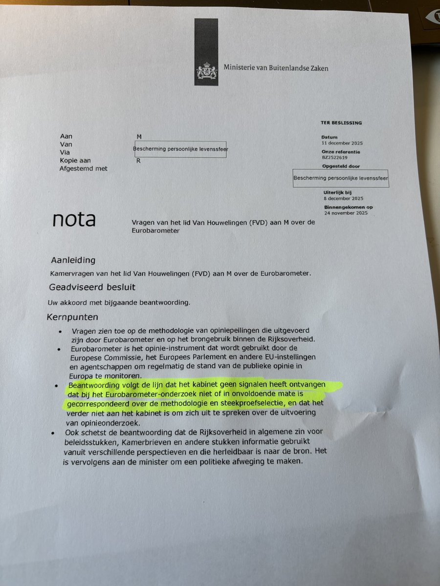 Er is veel bewijs, geleverd door <a href="/mauricedehond/">Maurice de Hond</a> en het Max Planck Instituut dat de Eurobarometer geen opinie-onderzoek maar een propaganda-instrument van de EU is. Het kabinet laat weten zich hierover niet te willen uitspreken. Toch blijft het kabinet de Eurobarometer gebruiken👇