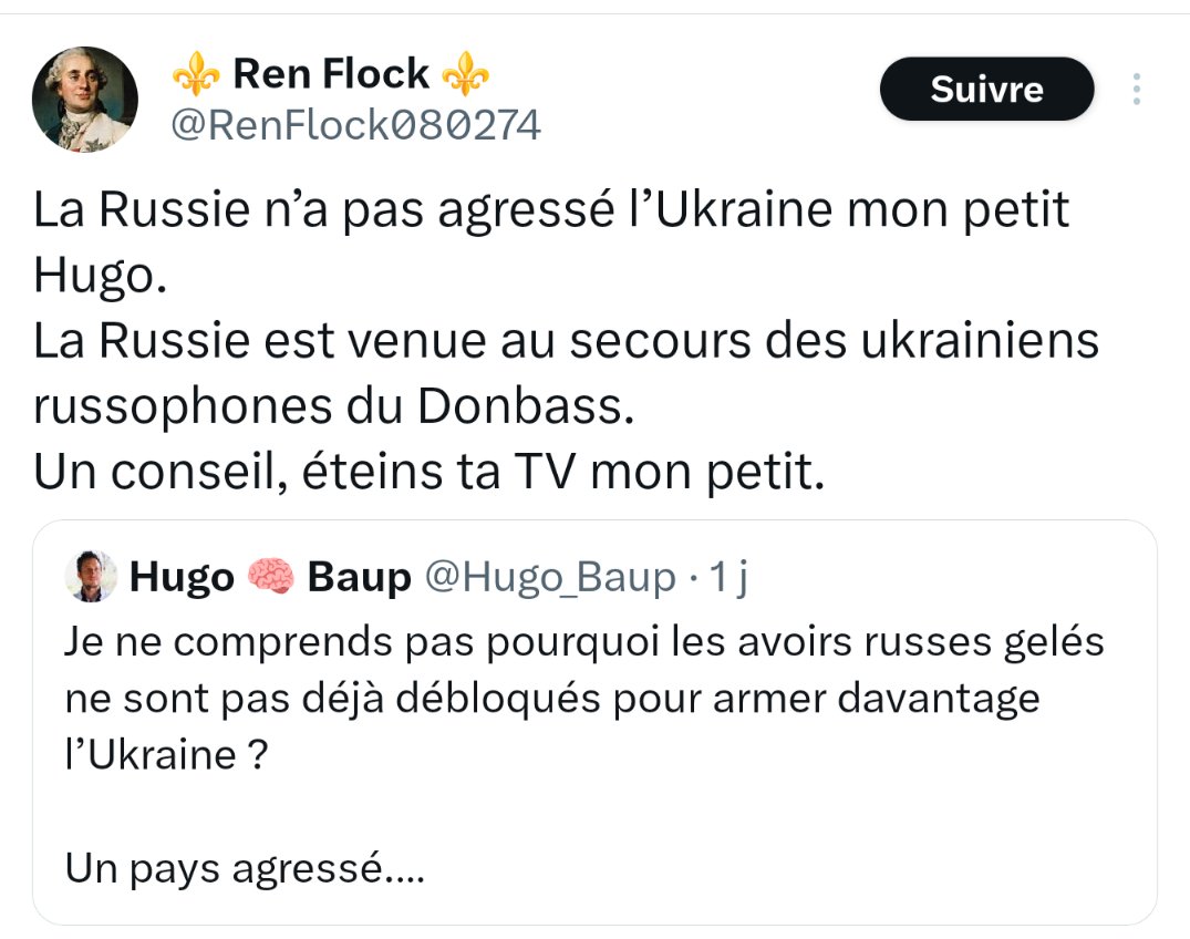 Bien sûr.
Exactement comme en 1939, l'Allemagne Nazie n'a pas du tout agressé la Pologne, elle est juste venue au secours de la population germanophone de Dantzig.
(Il serait peut-être temps de renouveler les arguments non ?)