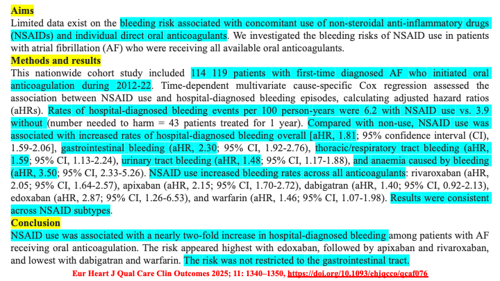 drraviele's tweet image. 📌#NSAIDs use in AF 👥 receiving #DOACs
👉almost double #bleeding risk
#EPeeps #afib #CardioTwitter #MedTwitter @DrMarthaGulati @AnastasiaSMihai @DhirajGuptaBHRS @PrashSanders @adribaran @TJaredBunch @SABOURETCardio  @ShelleyZieroth @DrPascalMeier @SeguraCardio @Hragy @SposatoL