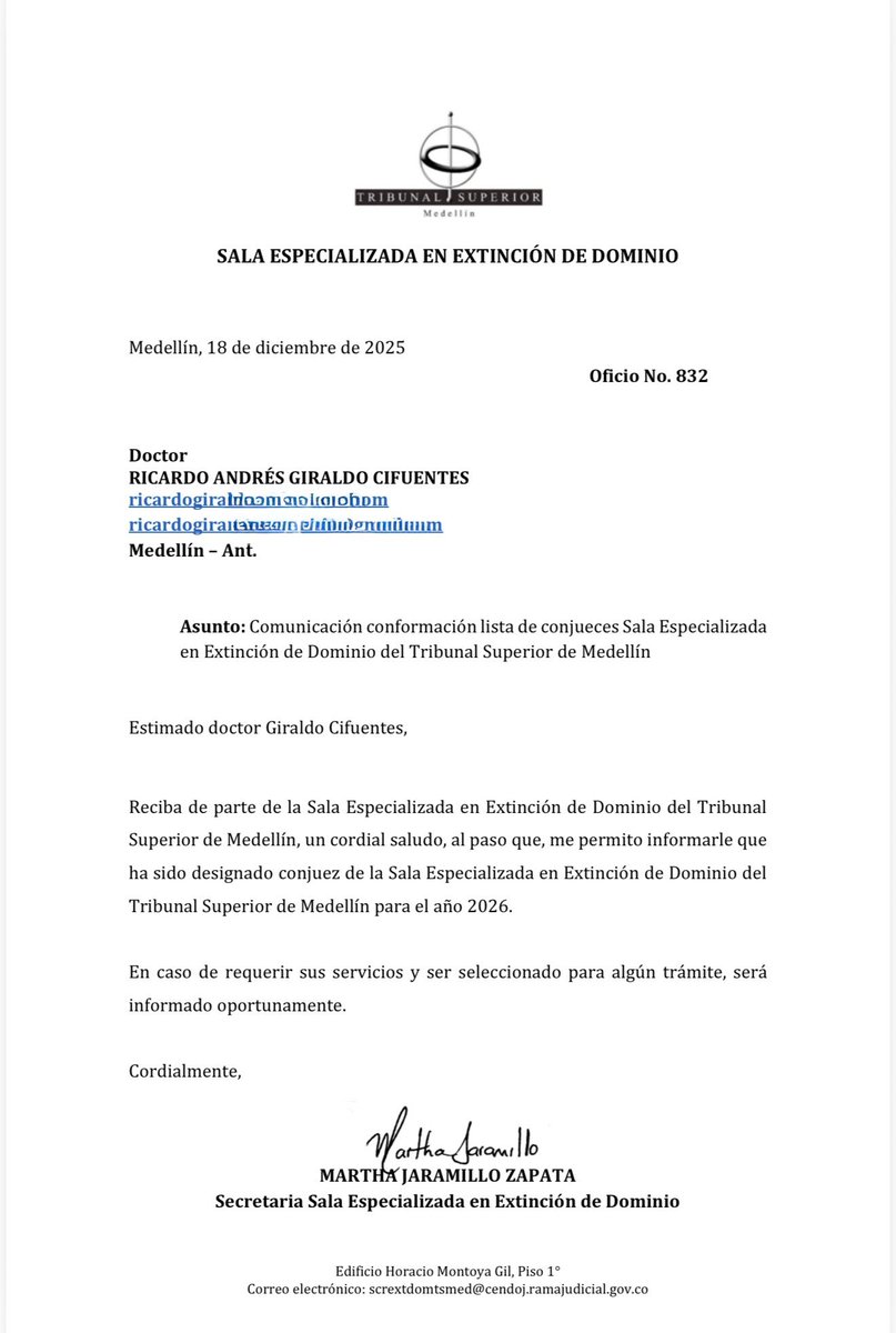 Agradecido y honrado por haber sido designado nuevamente como conjuez de la Sala Especializada en Extinción de Dominio del Tribunal Superior de Medellín para el año 2026.<a href="/TribSupMed/">Tribunal Superior de Medellín</a>