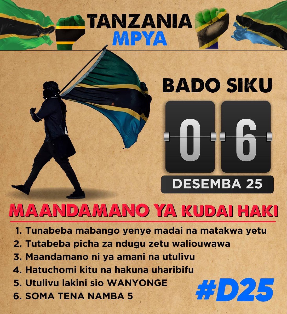 ✊🏽🇹🇿 #D25 is the date. Peaceful protest to demand accountability, justice and #SamiaMustGo 

🇹🇿 Gen-Z, tukutane December 25th. #MD25 #RudiTanganyika

#SamiaMustGo #TanzaniaMassacre