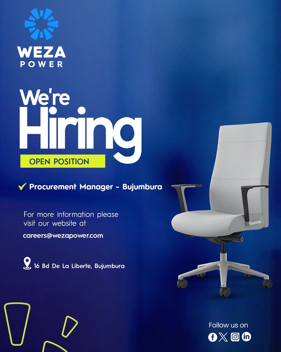 WezaPower's tweet photo. To apply, send your CV and questions to:
careers@wezapower.com 
+257-66-92-75-72

Deadline:
January 2, 2025

#amatarakuritwese https://t.co/2tLOF20KF1