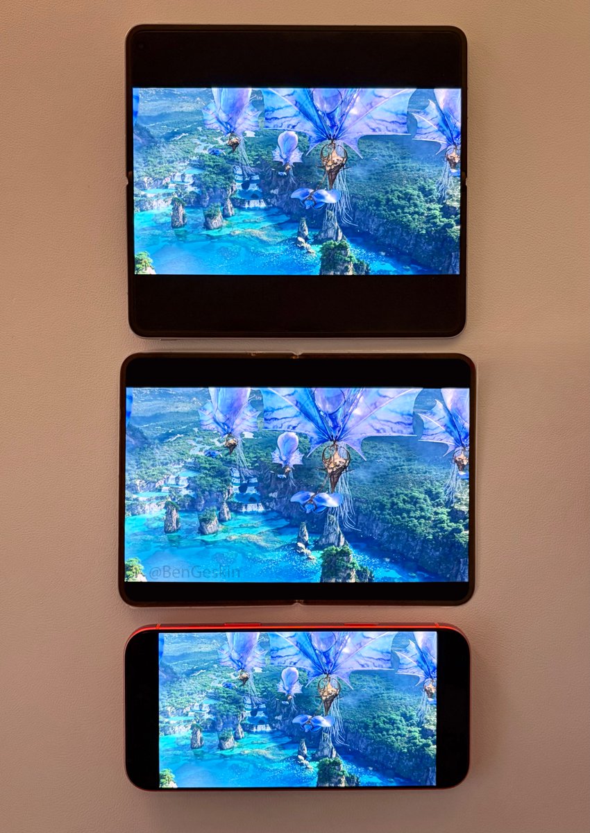 BenGeskin's tweet image. 16:9 video watching experience  

• OPPO Find N5 / Samsung Galaxy Z Fold 7 (8-inch)
• Passport-style foldable mockup (7.7-inch)
• iPhone 17 Pro Max (6.9-inch)