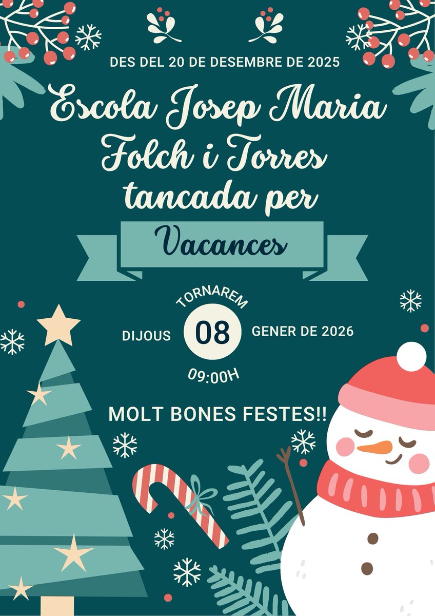 Benvolgudes famílies
Des del dia 20 de desembre fins el 7 de gener l'escola romandrà tancada per vacances. Tornarem a les classes el dijous 8 de gener de 2026 a les 9:00h. Gaudiu molt d'aquests dies. Bones Festes!!!