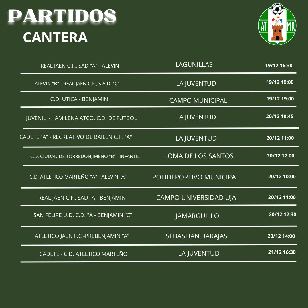 ℂ𝔸ℕ𝕋𝔼ℝ𝔸 𝕍𝔼ℝ𝔻𝔼

PARTIDOS DE NUESTRA CANTERA PARA ESTE FIN DE SEMANA 💚⚽️

#CanteraVerde 👫

#somosmanchareal💚💜