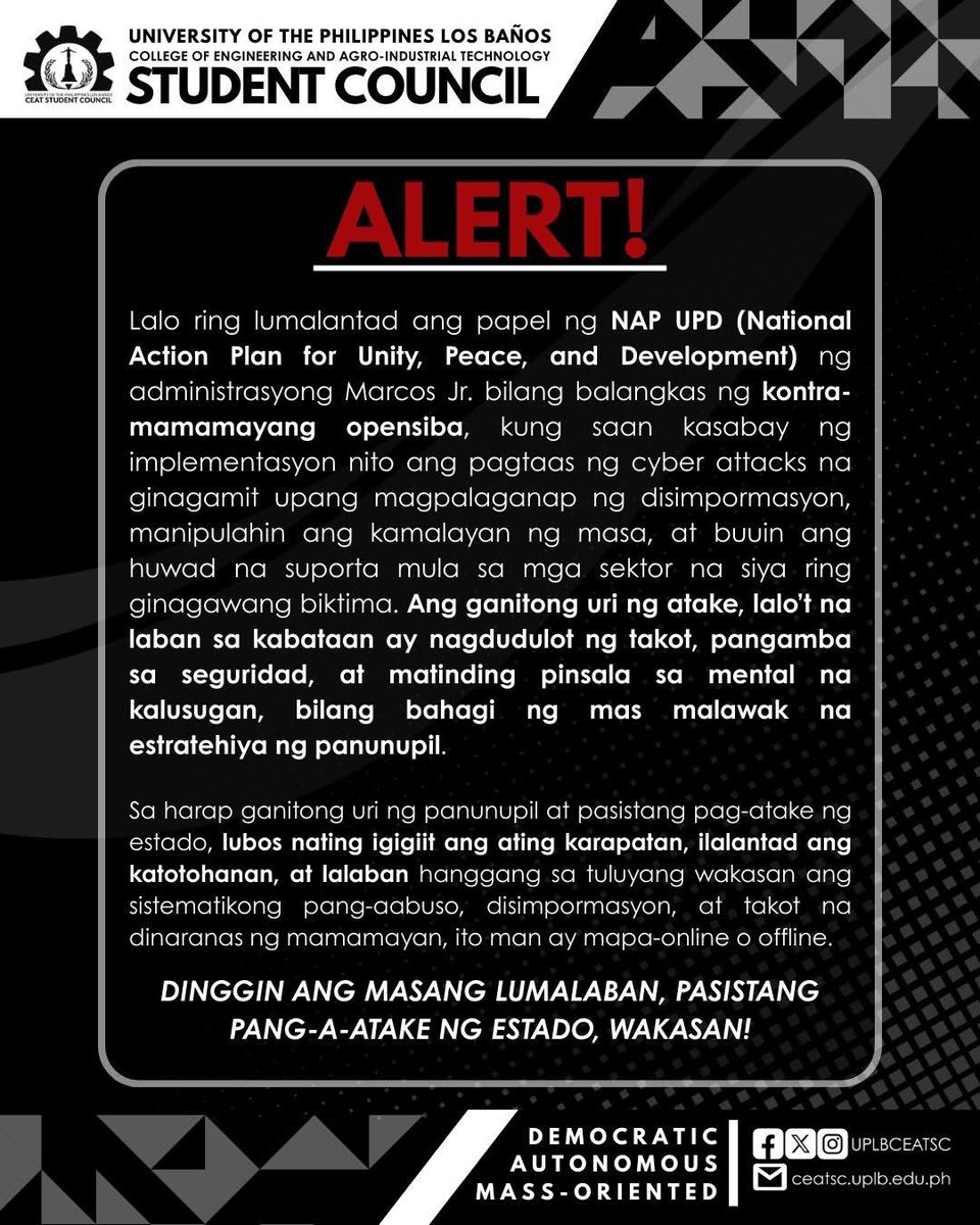 𝐇𝐀𝐍𝐃𝐒 𝐎𝐅𝐅 𝐒𝐓𝐔𝐃𝐄𝐍𝐓 𝐋𝐄𝐀𝐃𝐄𝐑𝐒!
𝐍𝐎 𝐓𝐎 𝐑𝐄𝐃-𝐓𝐀𝐆𝐆𝐈𝐍𝐆!

#StopTheAttacks
#NoToRedTagging
#HandsOffStudentLeaders