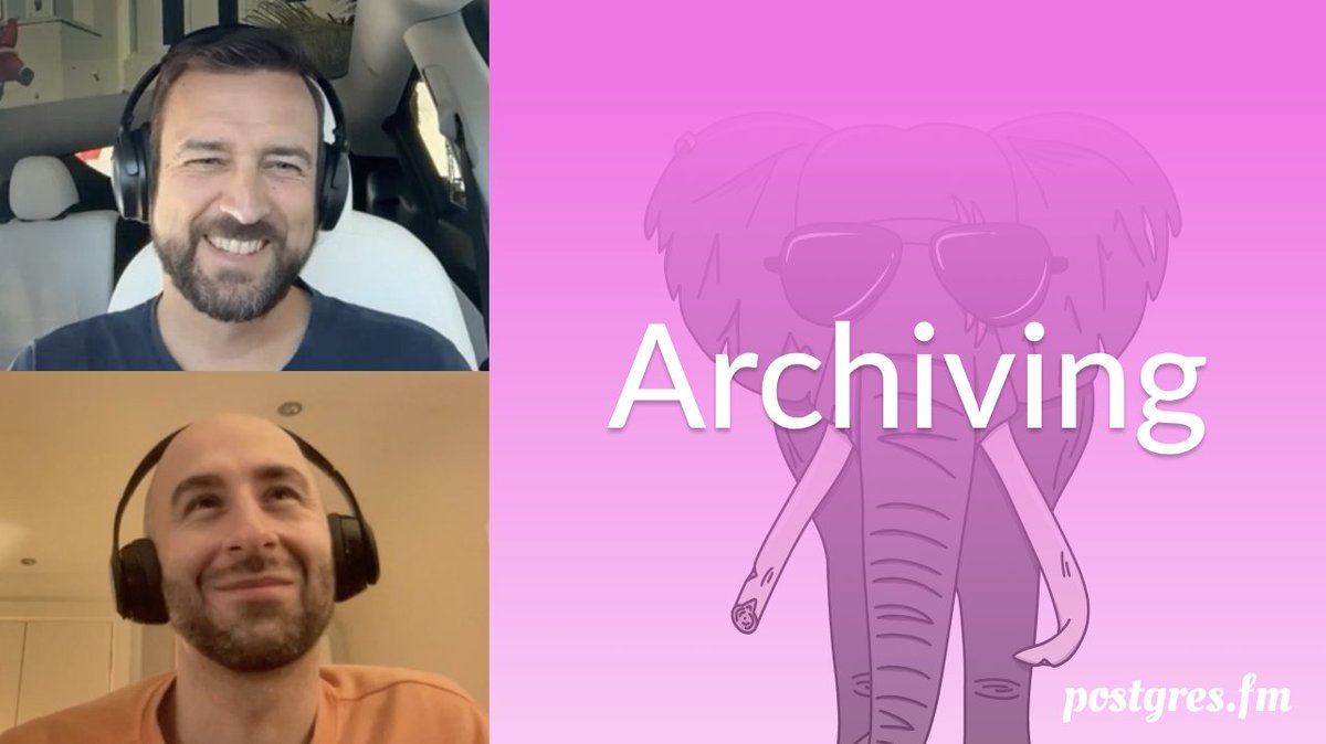 PostgresFM's tweet image. New episode: "Archiving"

Nik and Michael discuss a listener question about archiving a database.

🎧 postgres.fm/episodes/archi…

📺 youtu.be/dlelSPtMzWg