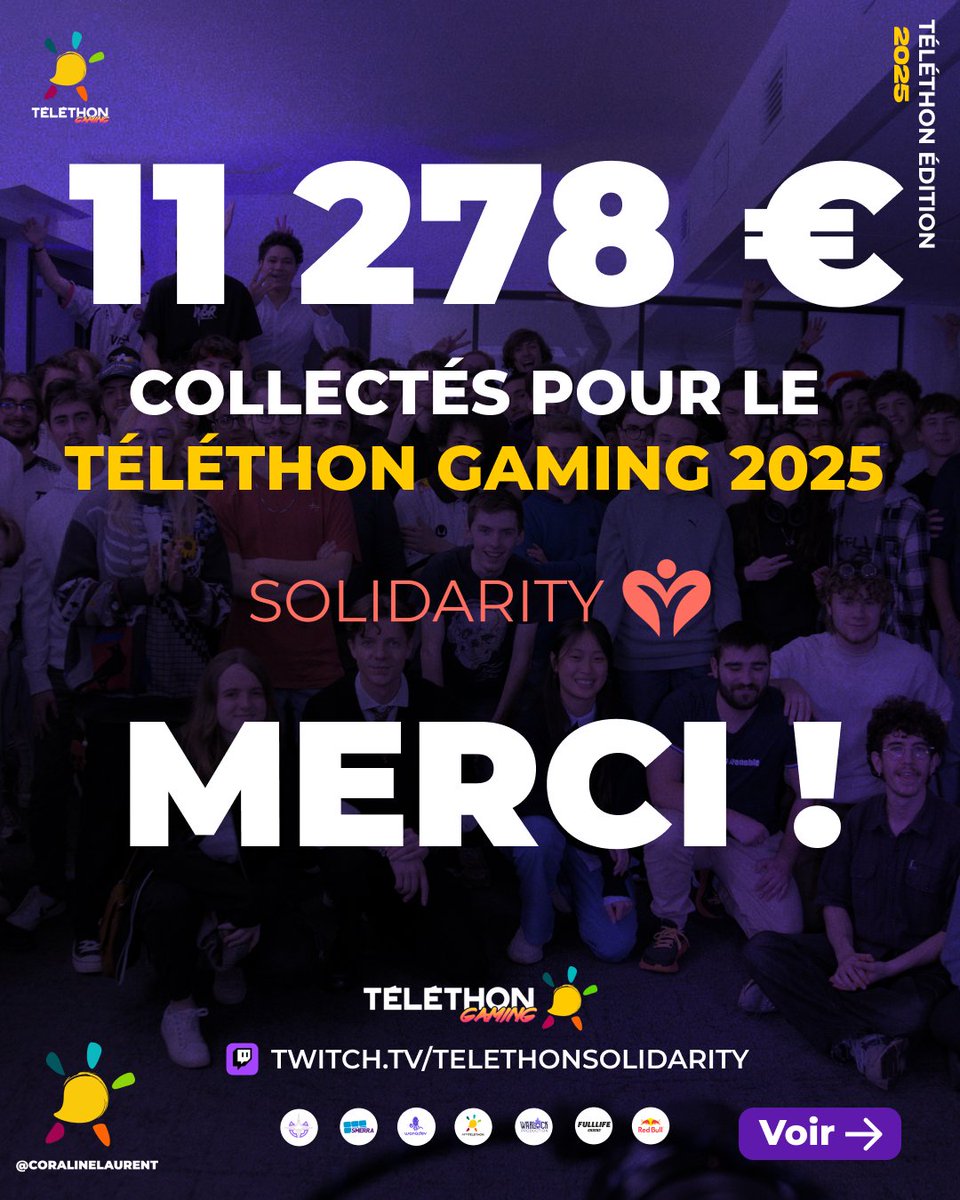 WarlockProduc's tweet photo. Téléthon Gaming 2025 @telethonsld 
11 278 € collectés pour le Téléthon
Merci aux bénévoles, streamers, partenaires et à toutes les personnes mobilisées pendant l’événement 🙌
Le gaming au service de la solidarité ❤️

#TelethonGaming #Telethon2025 #GamingSolidaire https://t.co/oMw2cLSNA0