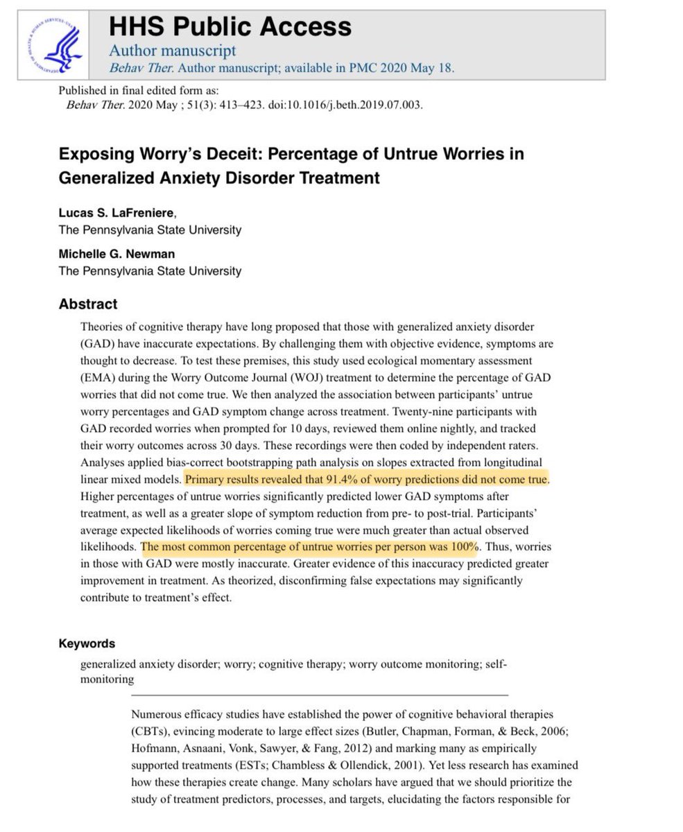 91.4% من مخاوف الاشخاص القلقين لم تتحقق. ونسبة كبيرة منهم لم يتحقق منها ولا اي شيء  — 

«القلق اكبر مخادع في الحياة»