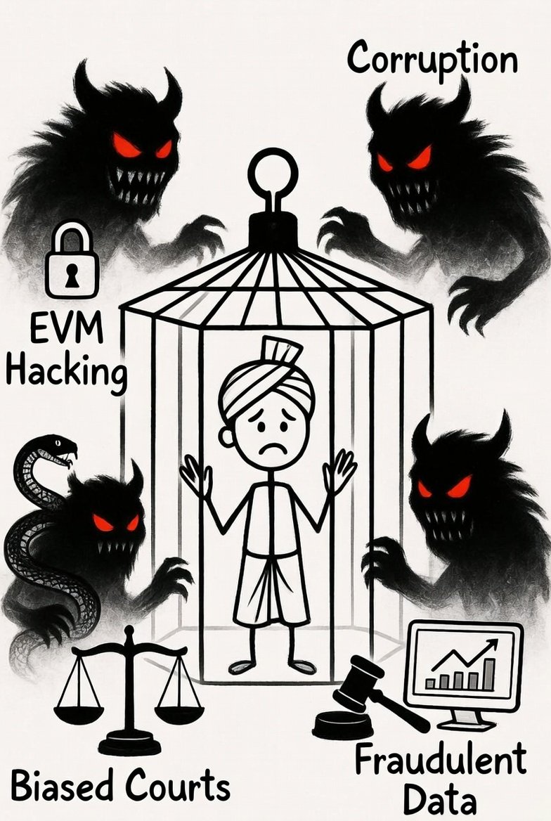 BJP4Pune10fail's tweet photo. @apurvasinkar01 @SVYadwadkar 🇮🇳 The Indian citizen trapped in a cage..🐦⬛
🔒 One side: EVM Hacking 👾😈
💰 One side: Corruption 🤑👿
⚖️ One side: Biased Courts 🖤😈
📊 One side: Fraudulent Govt Data 🤥👹
No escape? Wake up!🔥
#SaveDemocracy
#EVMFraud
#CorruptionFreeIndia
#JusticeForAll
#IndiaAgainstCorruption https://t.co/JfvB69rJB5