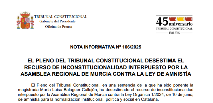 Nota de prensa | El Pleno del Tribunal Constitucional desestima el recurso de inconstitucionalidad interpuesto por la Asamblea Regional de Murcia contra la Ley de Amnistía tribunalconstitucional.es/NotasDePrensaD…