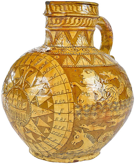 AntiqueDigest's tweet photo. This English North Devon Thomas Fields slipware harvest jug dated 1757, 12¾" x 10½" x 10¾", with a long inscription by “W M Langdon,” sold for $67,650 (e $20,000/30,000) at @BrunkAuctions https://t.co/uqIAiBhoOm #antiques #antique #vintage #jug #slipware #pottery https://t.co/HaomGE0VW1