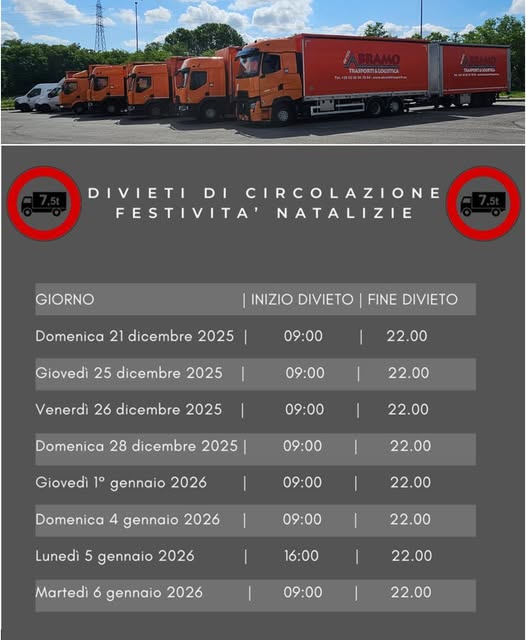 𝐃𝐈𝐕𝐈𝐄𝐓𝐈 𝐃𝐈 𝐂𝐈𝐑𝐂𝐎𝐋𝐀𝐙𝐈𝐎𝐍𝐄 𝐅𝐄𝐒𝐓𝐈𝐕𝐈𝐓𝐀' 𝐍𝐀𝐓𝐀𝐋𝐈𝐙𝐈𝐄 2025

#divieticircolazione #mezzipesanti #festivitànatalizie #natalizie #stradesicure #natale2025 #veicolicommerciali #gestionetraffico #FesteInSicurezza #trasportiSostenibili