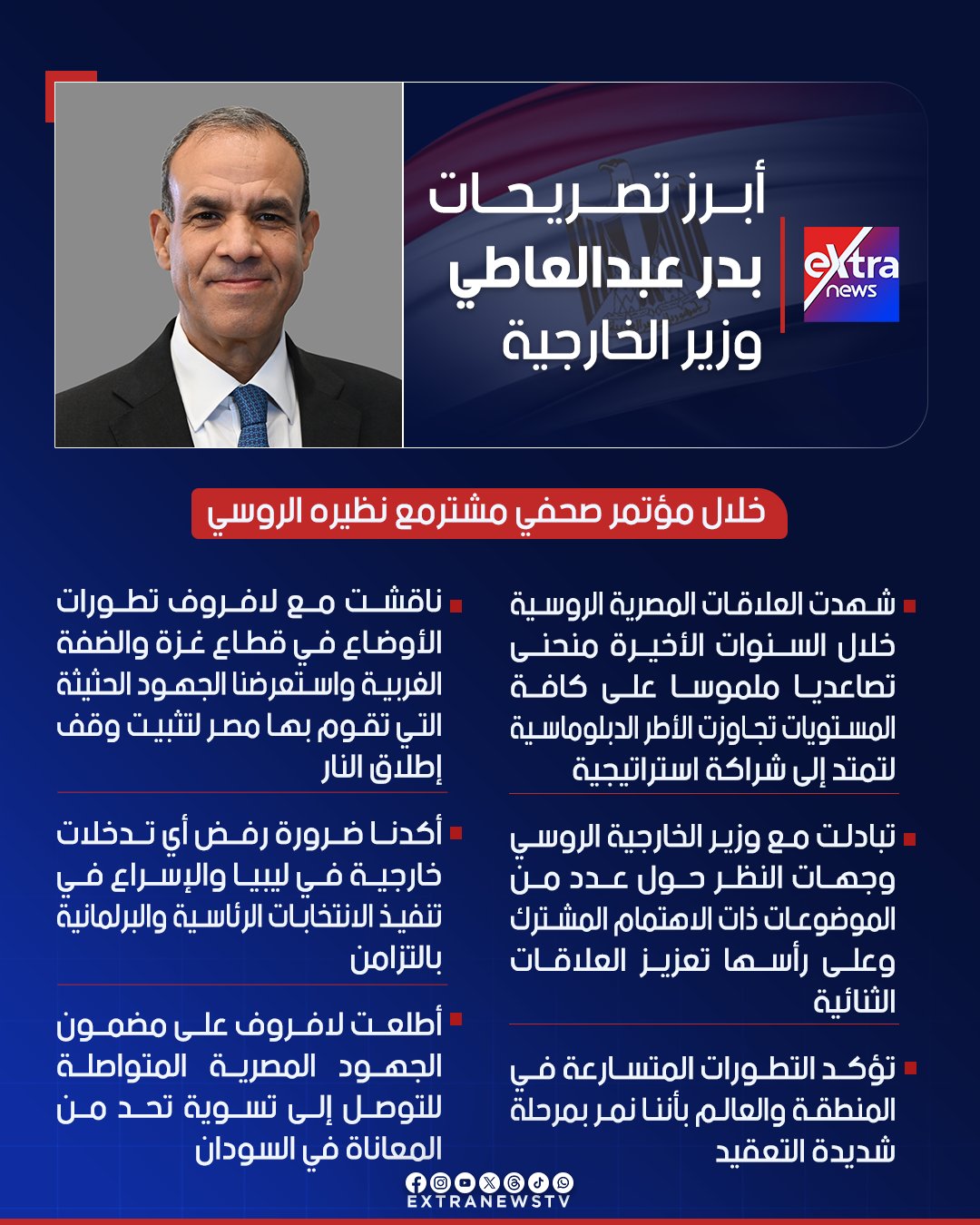 أبرز تصريحات بدر عبدالعاطي وزير الخارجية المصري خلال مؤتمر صحفي مشترمع نظيره الروسي 