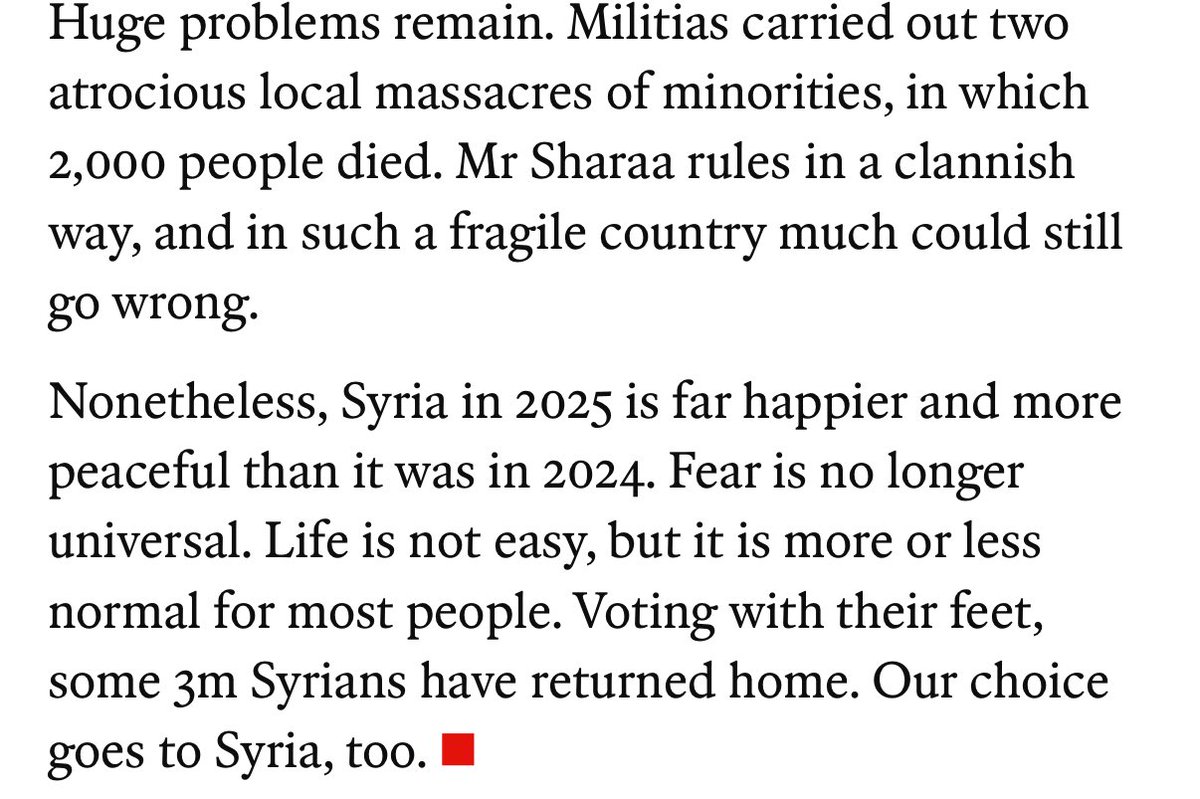 Economist เลือกซีเรียเป็น Country of the year ปีนี้ = ประเทศที่มีการพัฒนามากสุด
ตอนนี้ซีเรียได้ผู้นำคนใหม่เลยสงบ + ปกติ + ศก. ดีขึ้น ***กินแอลได้ ไม่กดขี่ผู้หญิง***
ผู้อพยพ Syria 3 ล้านคนได้กลับบ้านละ ดีจัง 🌸