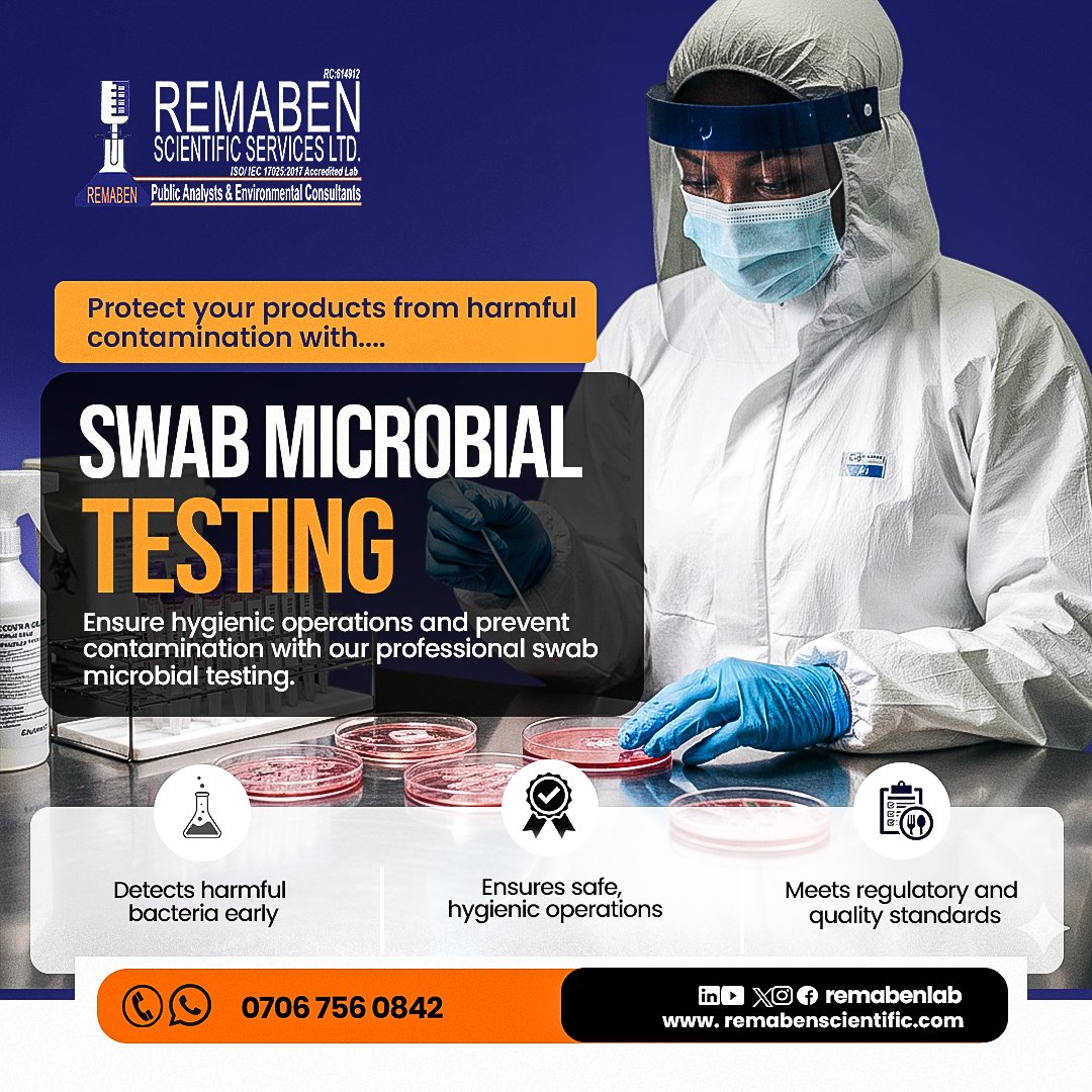 remabenlab's tweet photo. Accurate #SwabMicrobialTesting & reliable #MicrobialAnalysis you can trust. At @remabenlab, we ensure precise detection of #contamination, support strict #HygieneMonitoring & help maintain high #QualityControl standards across food, pharmaceutical & #industrial environments. https://t.co/weTndDC70V