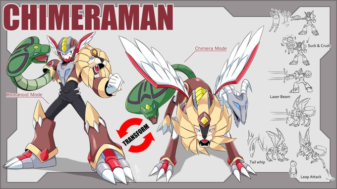 Robot Master Design - Chimeraman The Transformable Robot with unique fighting style in both mode! Just found out I miss the dpi setting in the last post(not 72) so I repost it with some attack pattern. #MegaManDO #DesignARobotMaster
