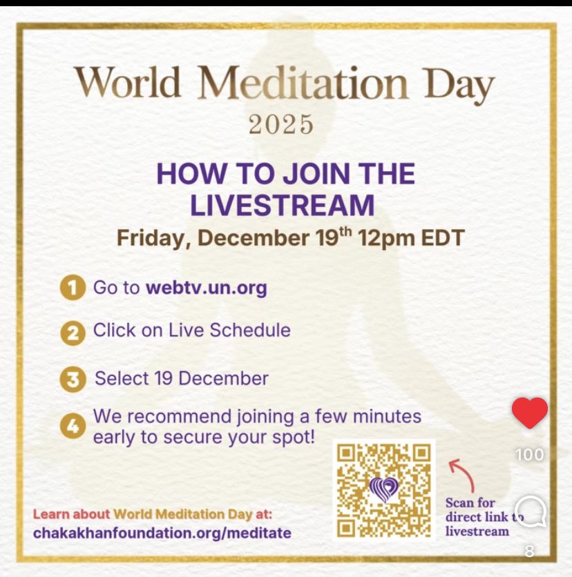 BrahmaKumarisUK's tweet image. We are delighted that Sister Dr Jenna, a spiritual mentor &amp;amp; founder of Brahma Kumaris Meditation🧘🏾Museum in Maryland will be collaborating with @ChakaKhanorg &amp;amp; the @UN for #WorldMeditationDay2025. 

Join on Friday 19th Dec, 12pm EDT: webtv.un.org/en/asset/k1f/k…

#FreeEvent 
#Solstice