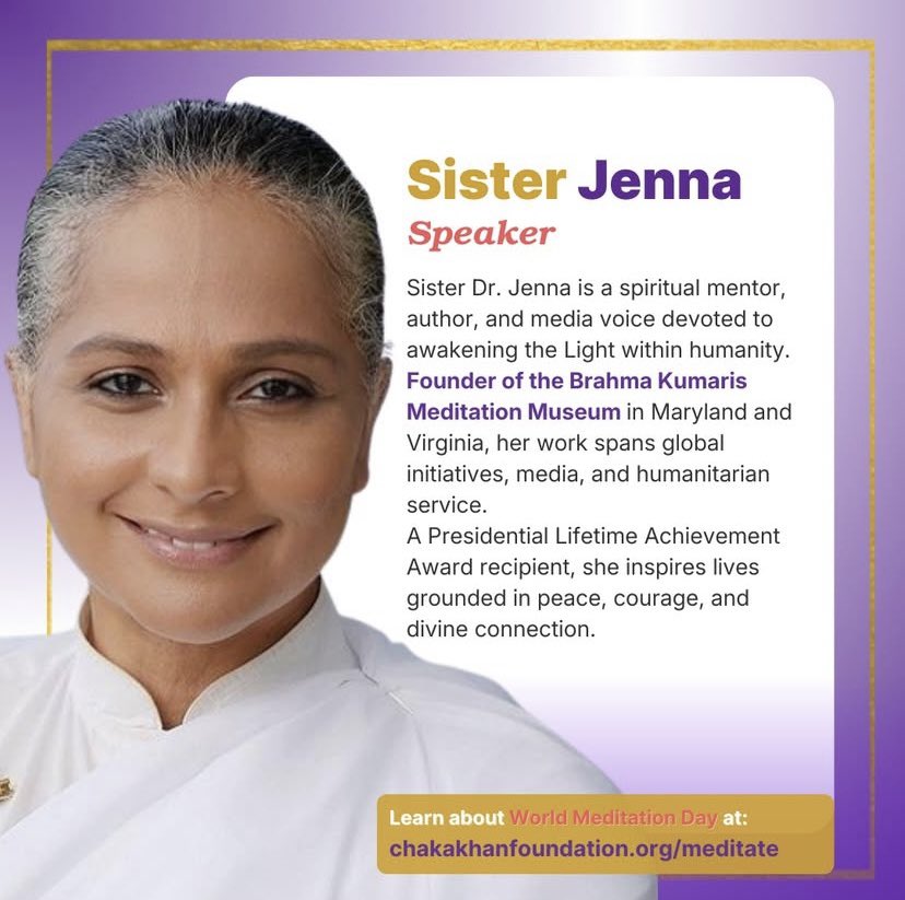 BrahmaKumarisUK's tweet image. We are delighted that Sister Dr Jenna, a spiritual mentor &amp;amp; founder of Brahma Kumaris Meditation🧘🏾Museum in Maryland will be collaborating with @ChakaKhanorg &amp;amp; the @UN for #WorldMeditationDay2025. 

Join on Friday 19th Dec, 12pm EDT: webtv.un.org/en/asset/k1f/k…

#FreeEvent 
#Solstice