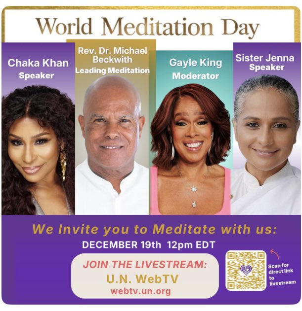BrahmaKumarisUK's tweet image. We are delighted that Sister Dr Jenna, a spiritual mentor &amp;amp; founder of Brahma Kumaris Meditation🧘🏾Museum in Maryland will be collaborating with @ChakaKhanorg &amp;amp; the @UN for #WorldMeditationDay2025. 

Join on Friday 19th Dec, 12pm EDT: webtv.un.org/en/asset/k1f/k…

#FreeEvent 
#Solstice