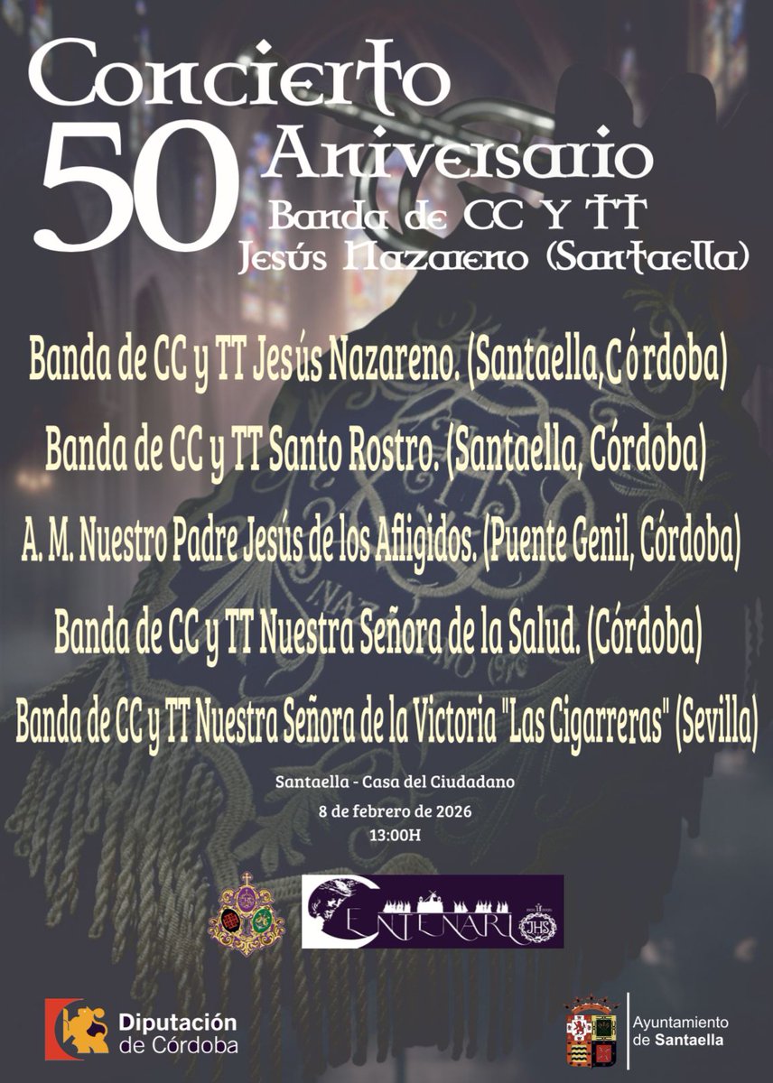 "ENTRADAS YA A LA VENTA", se pueden adquirir a cualquier miembro de la banda o de la Junta Directiva de la Hermandad. 

Si deseas reservar tu entrada, puedes hacerlo antes del 30 de enero contactando al teléfono: 680 14 43 96.
