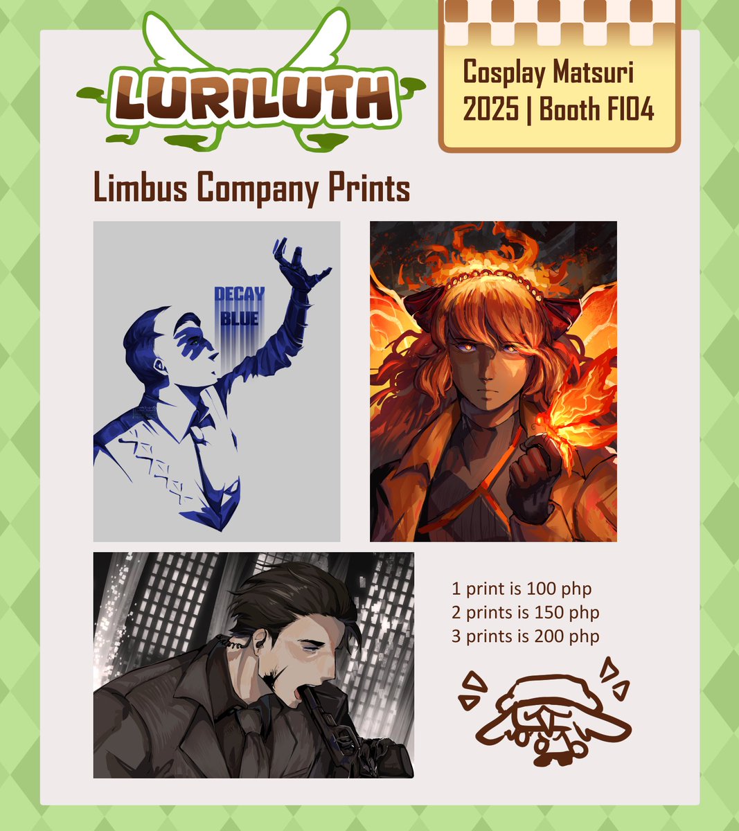 luriluth_tile's tweet photo. [RT🔁] Cosmatsu Catalogue

Hi hi, I'll be boothing for the first time in #CosplayMatsuri2025 ! Please stop by if you're interested in buying Limbus Company merch ^^

🍄Table FI04
🗓️December 28-30
📍SMX Convention Center

#fanfairatcosplaymatsuri2025 https://t.co/xlUA1o4UyR
