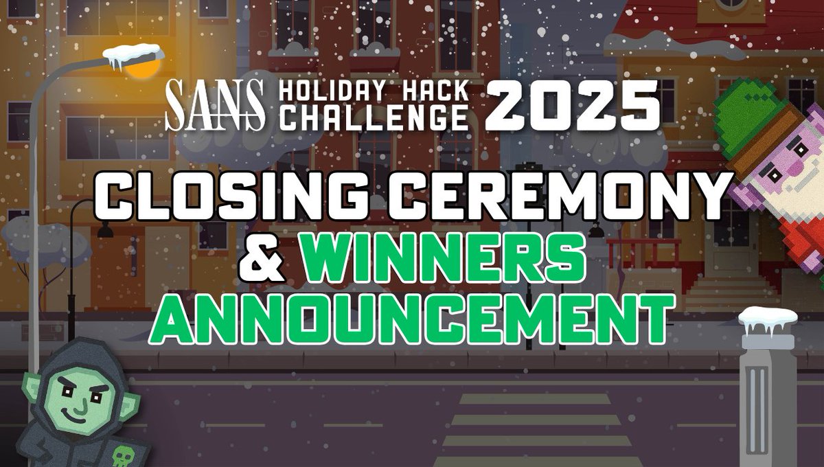 SANSEMEA's tweet image. It’s not too early to secure your place for the SANS #HolidayHack Challenge Closing Ceremony. Join us as we reveal the winners, unpack the challenges, and wrap up the season in signature SANS style.

📅 Add it to your calendar: go.sans.org/esql99

#HolidayHackChallenge