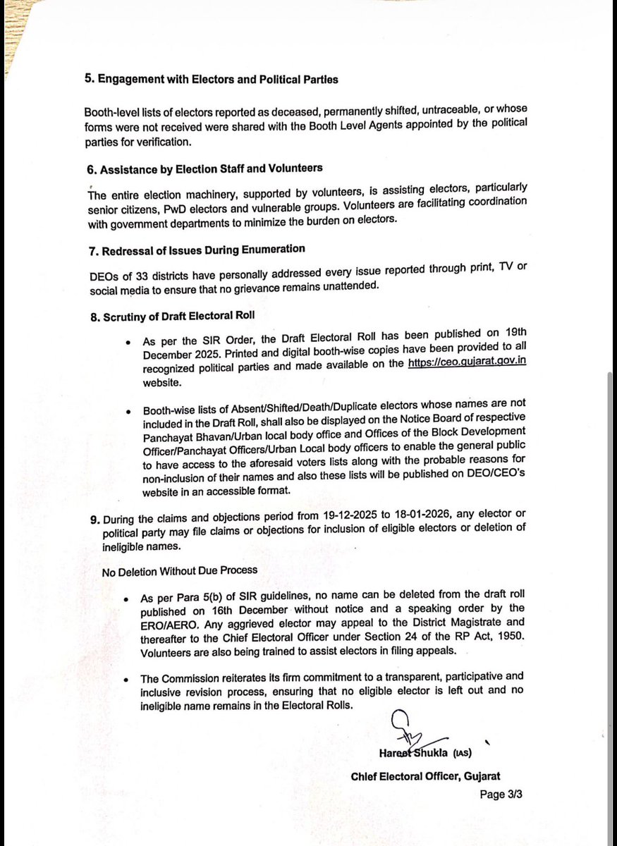 Press Note ---- Enumeration Phase of SIR 2026, Gujarat