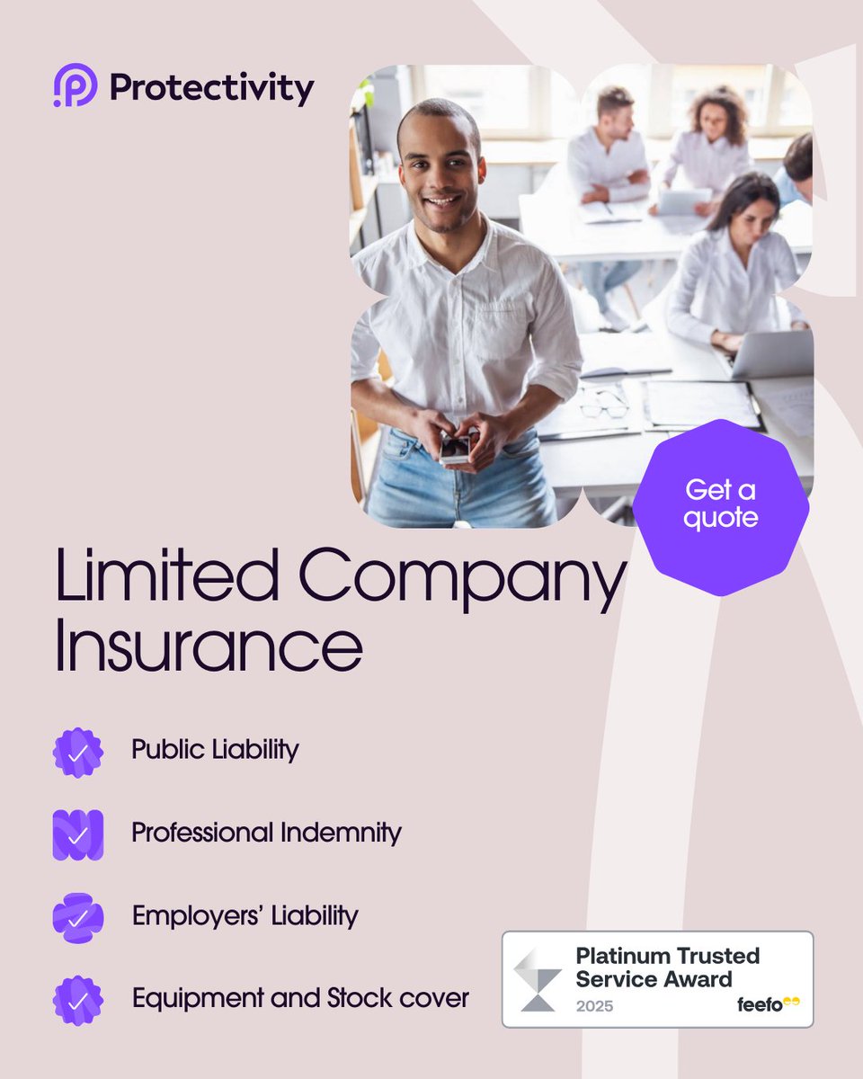 Protectivity's tweet image. If you run a limited company, tailored business insurance is essential to protect your business. Our cover is designed with companies in mind — helping safeguard assets, liabilities and avoid financial loss so you can focus on growth. Find out more!

protectivity.com/product/limite…